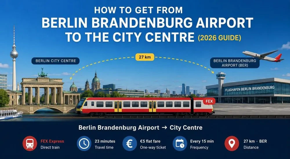 Illustration showing Berlin city centre on the left at golden afternoon light, with the columned silhouette of the Brandenburg Gate topped by its quadriga statue, the Reichstag's glass dome, and the distinctive sphere-topped TV Tower (Fernsehturm) rising above the River Spree under a warm sun. On the right, Berlin Brandenburg Airport is shown at dusk under a full moon, with a clean modern glass terminal, control tower with red beacon, and a parked aircraft in Lufthansa blue and gold livery. A three-car grey and red FEX Airport Express train travels along tracks from the city toward the airport across the full width of the image. A dark banner at the bottom reads "Berlin Brandenburg Airport → City Centre" with info pills showing: FEX Express · 23 minutes · €5 flat fare · Every 15 min · 27 km · BER · BER.